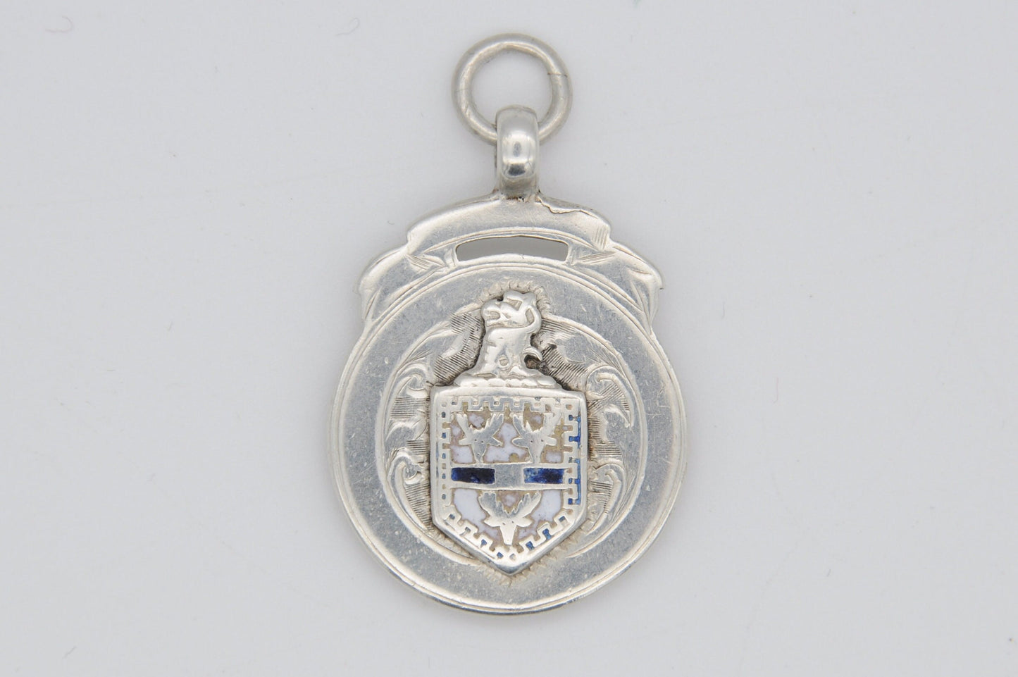 Antique Silver and Enamel Fob by J W Tiptaft & Son - Sterling Silver Shield Fob / Blue and White / Pocket Watch Fob / Medal / 1920s / 1923