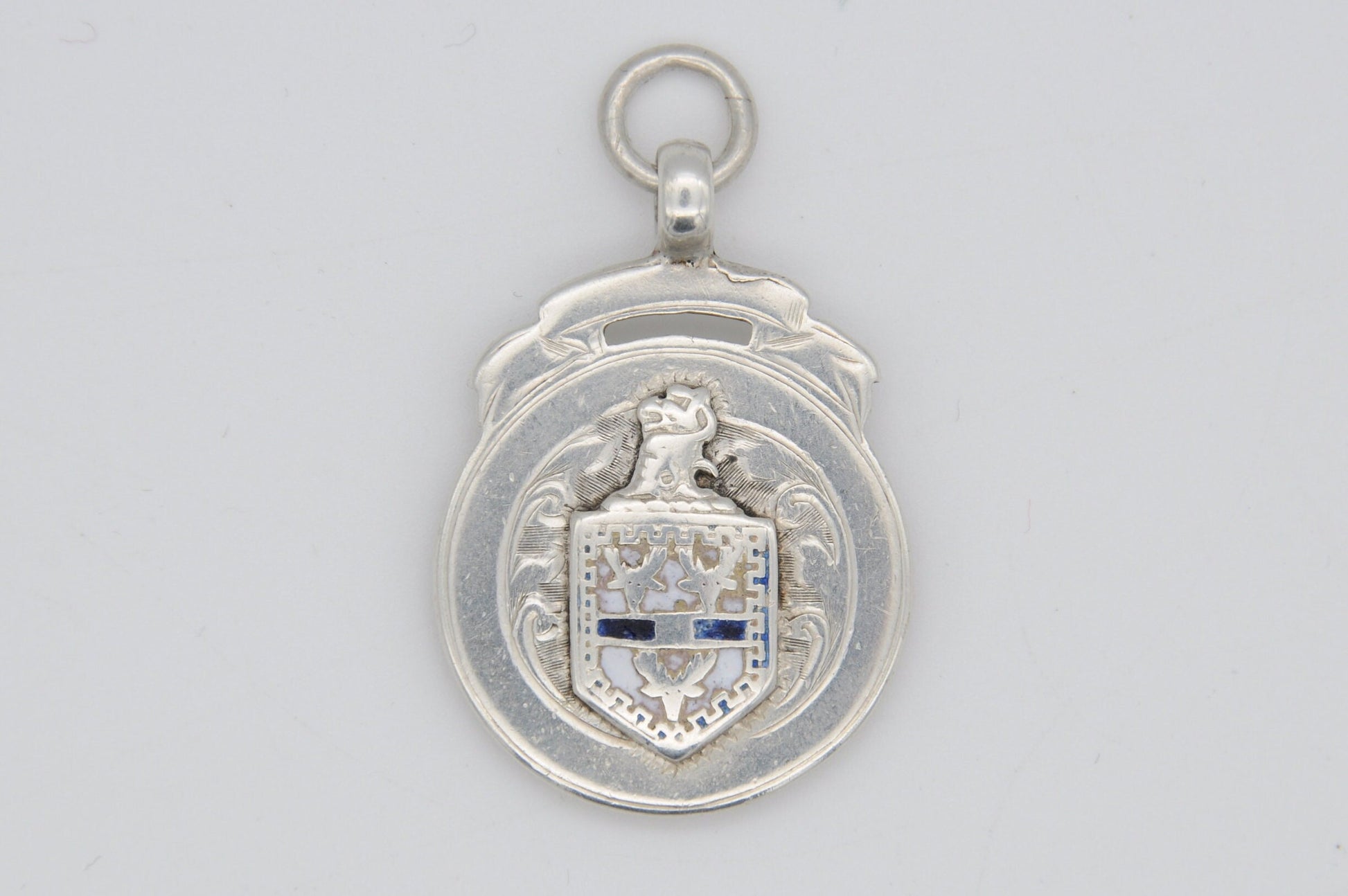 Antique Silver and Enamel Fob by J W Tiptaft & Son - Sterling Silver Shield Fob / Blue and White / Pocket Watch Fob / Medal / 1920s / 1923