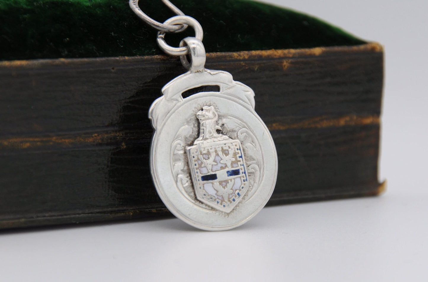 Antique Silver and Enamel Fob by J W Tiptaft & Son - Sterling Silver Shield Fob / Blue and White / Pocket Watch Fob / Medal / 1920s / 1923