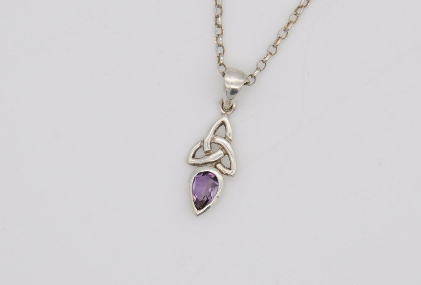 Silver and Amethyst Celtic Triquetra Pendant / Necklace - Sterling Silver / Purple Stone / Eternal Life / Spiritual / Silver Chain / Magic