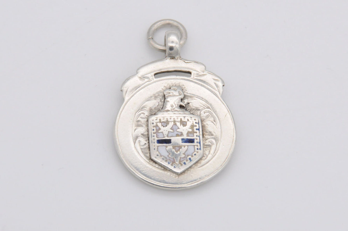 Antique Silver and Enamel Fob by J W Tiptaft & Son - Sterling Silver Shield Fob / Blue and White / Pocket Watch Fob / Medal / 1920s / 1923