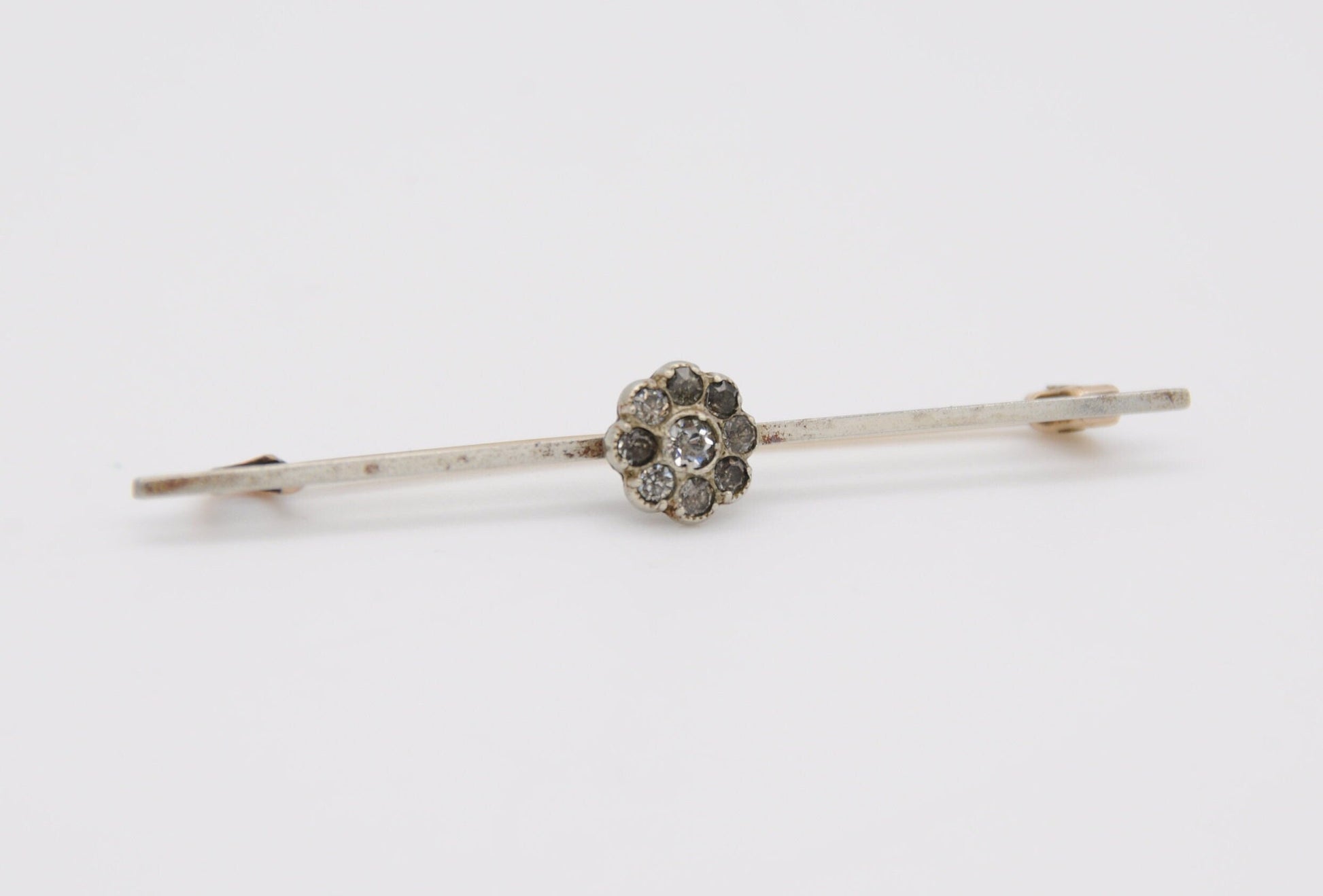 Antique Silver Tone Floral White Paste Bar Brooch - Flower Pin / Cluster / Rose Gold Pin / Rolled Gold / White Stone / Clear Stones