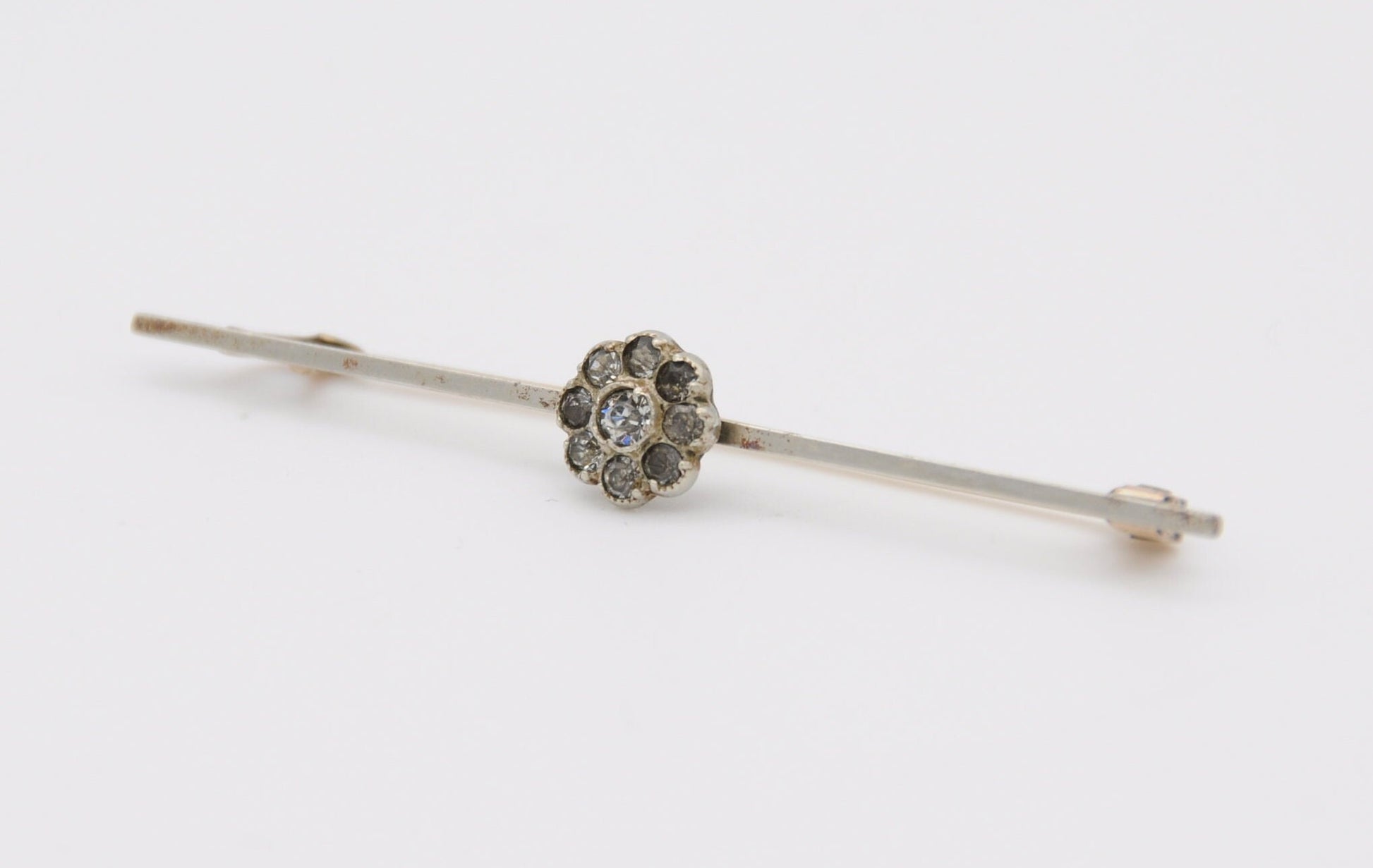 Antique Silver Tone Floral White Paste Bar Brooch - Flower Pin / Cluster / Rose Gold Pin / Rolled Gold / White Stone / Clear Stones