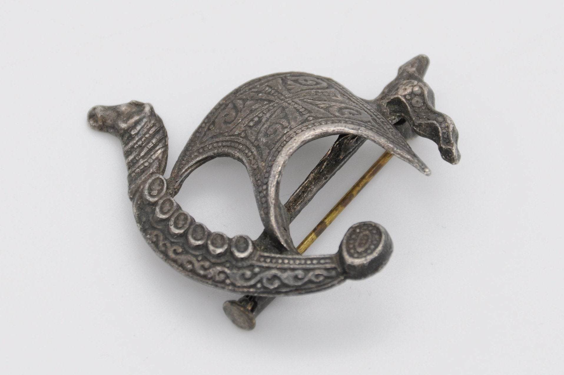 Vintage Silver Tone Viking Longship Brooch - Horse Figurehead / Shield / Detailed / Ship / Large Sail / Maltese Cross / Norse