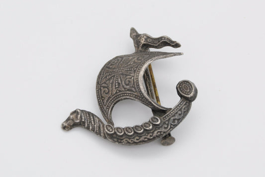 Vintage Silver Tone Viking Longship Brooch - Horse Figurehead / Shield / Detailed / Ship / Large Sail / Maltese Cross / Norse