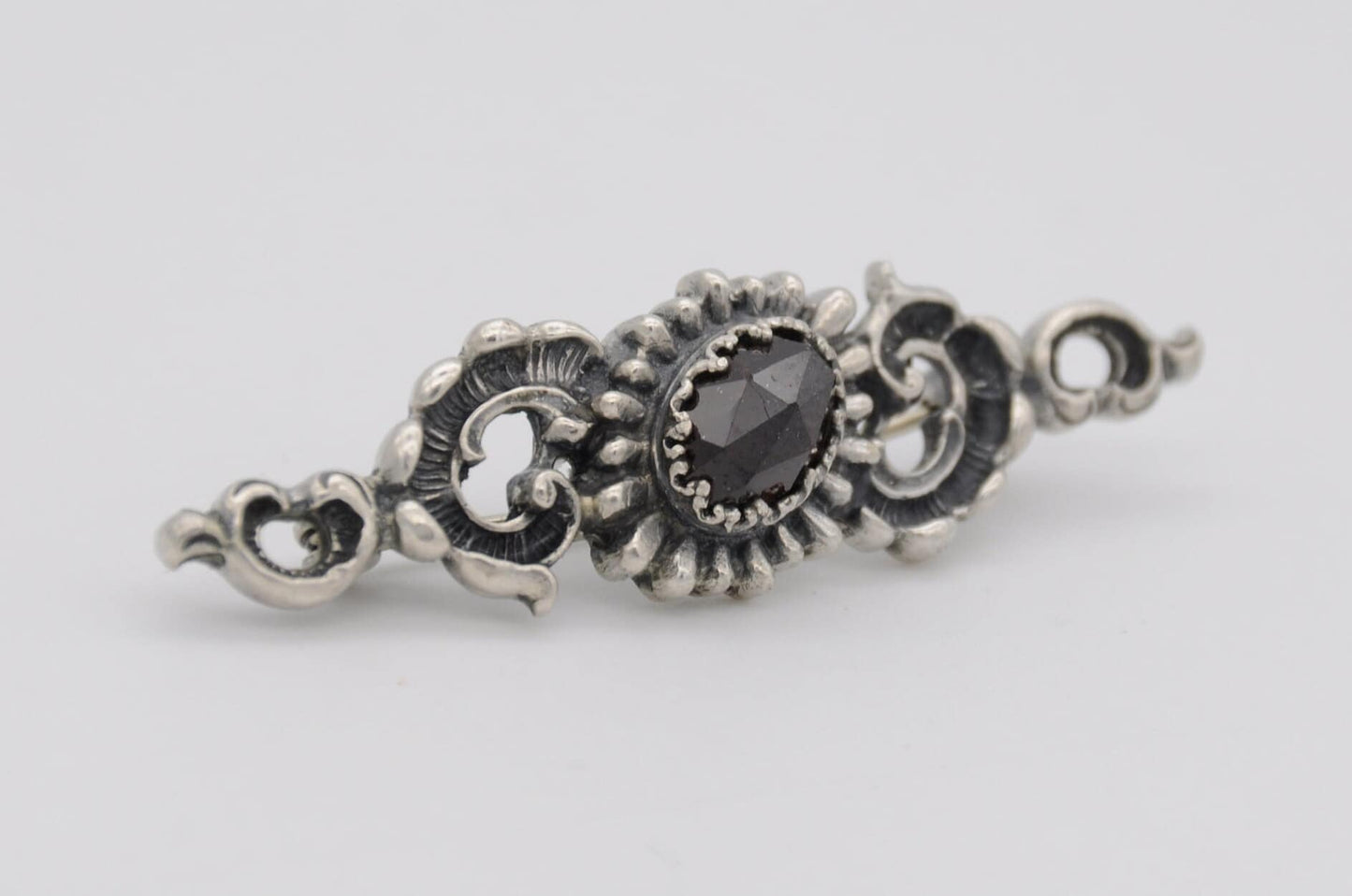 Vintage Sterling Silver Bar Brooch - Ornate / Floral / 925 / Sterling Silver / Faceted / Swirling / Detailed