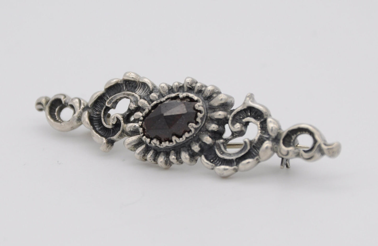 Vintage Sterling Silver Bar Brooch - Ornate / Floral / 925 / Sterling Silver / Faceted / Swirling / Detailed