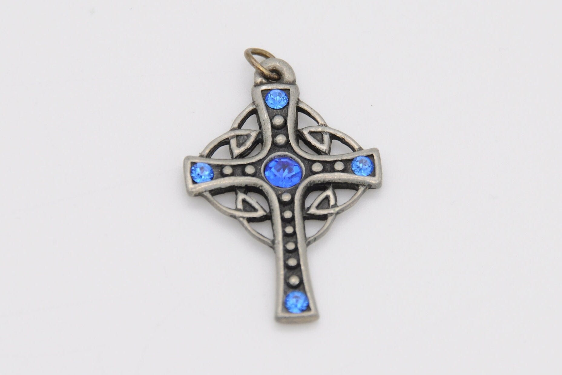 Vintage St Justin Pewter Cross Pendant - Celtic / SJ / Blue Stone / Religious / Cornwall / Necklace