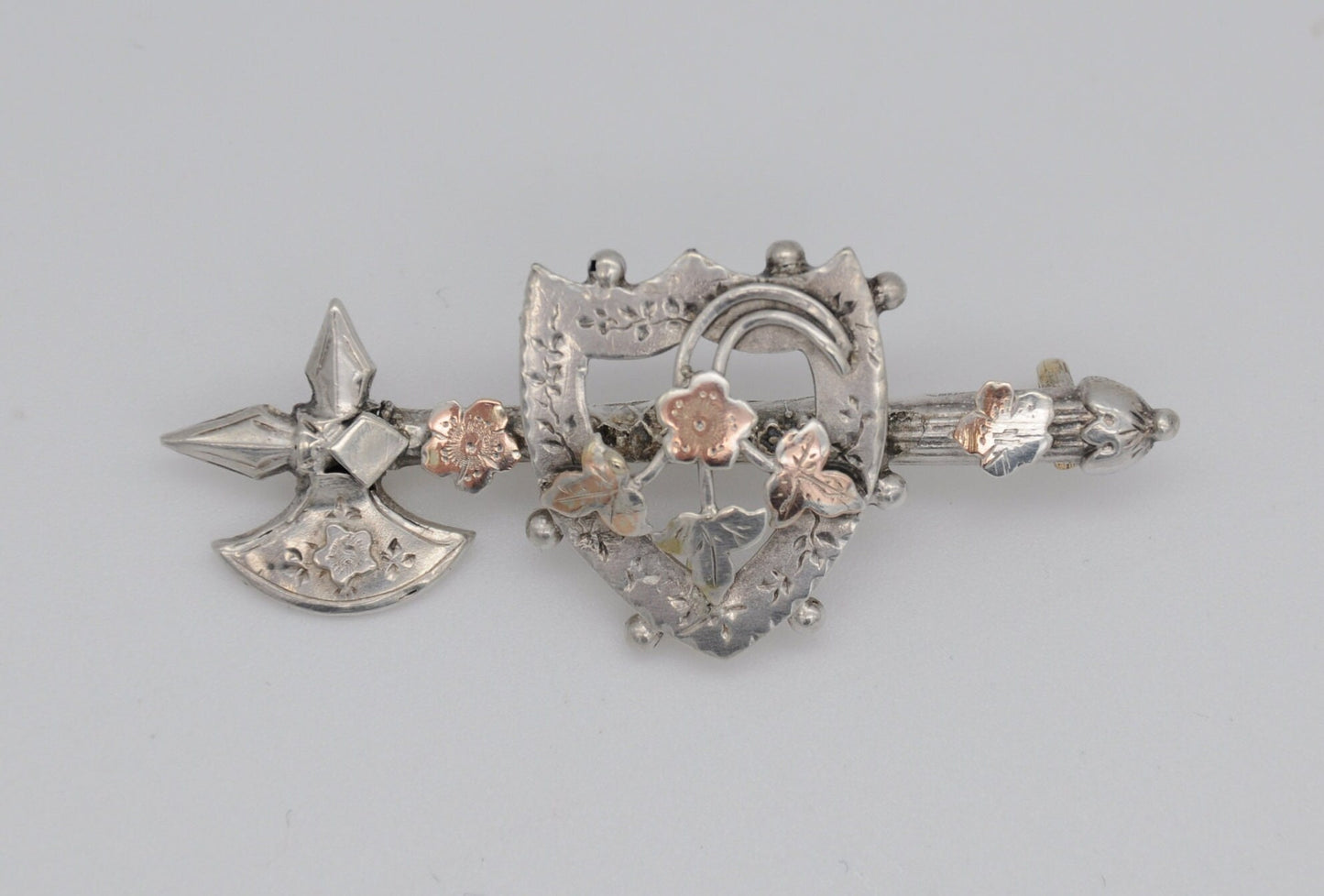 Antique Silver Aesthetic Movement Brooch - Axe & Shield / Victorian / Rose Gold / Ornate Decoration / Floral / 925 / 1891 / 1800s