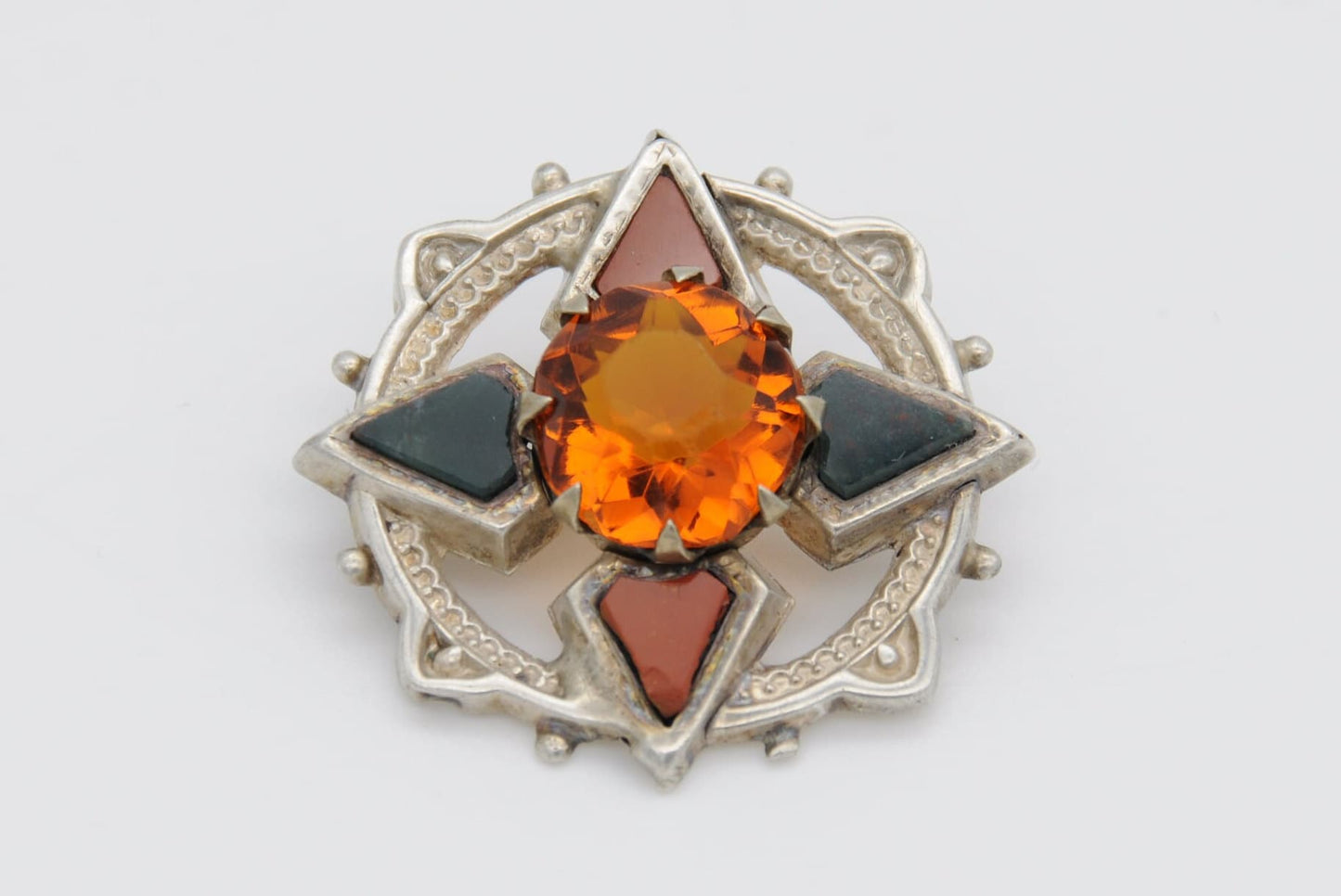 Antique Silver Scottish Agate Brooch - Jasper & Bloodstone / Paste Stone / Red and Green Stones / Detailed / Celtic / Star