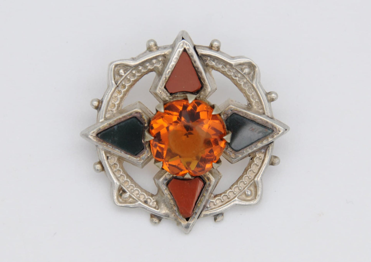 Antique Silver Scottish Agate Brooch - Jasper & Bloodstone / Paste Stone / Red and Green Stones / Detailed / Celtic / Star