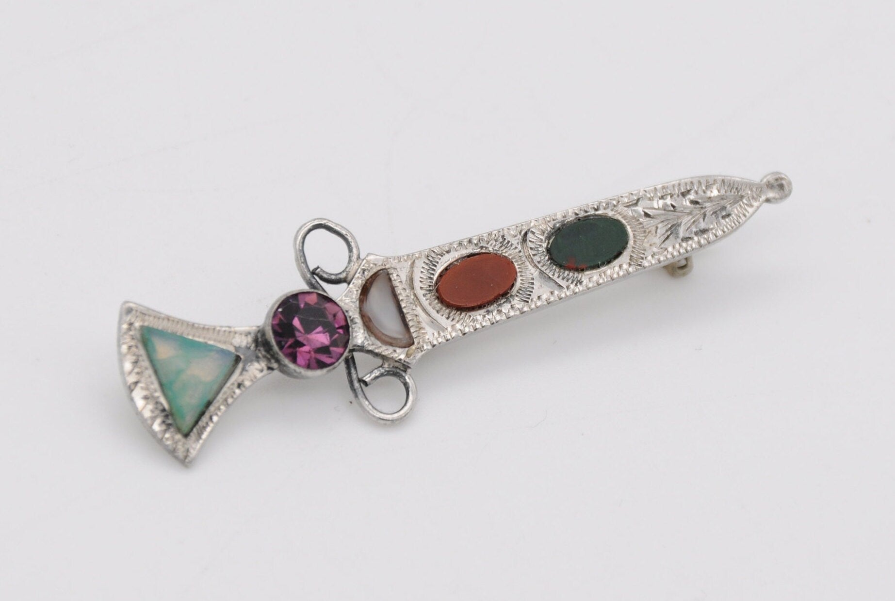 Vintage Silver Scottish Agate Brooch - Sword / WBS / Ward Brothers / Detailed / Carnelian / Bloodstone / 925 / Sterling Silver / 1957 / 50s