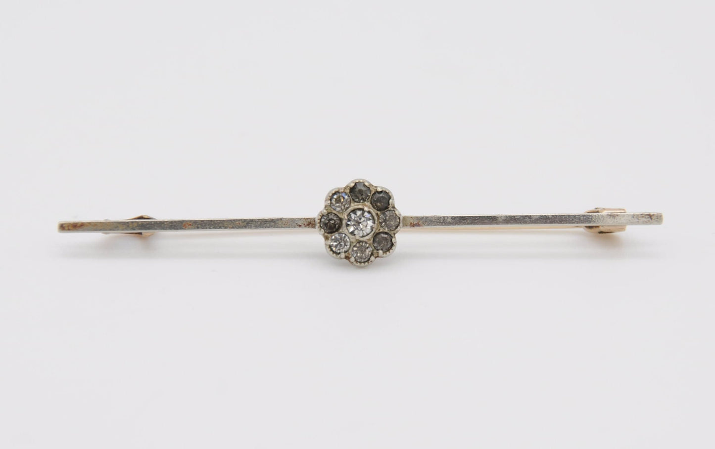 Antique Silver Tone Floral White Paste Bar Brooch - Flower Pin / Cluster / Rose Gold Pin / Rolled Gold / White Stone / Clear Stones