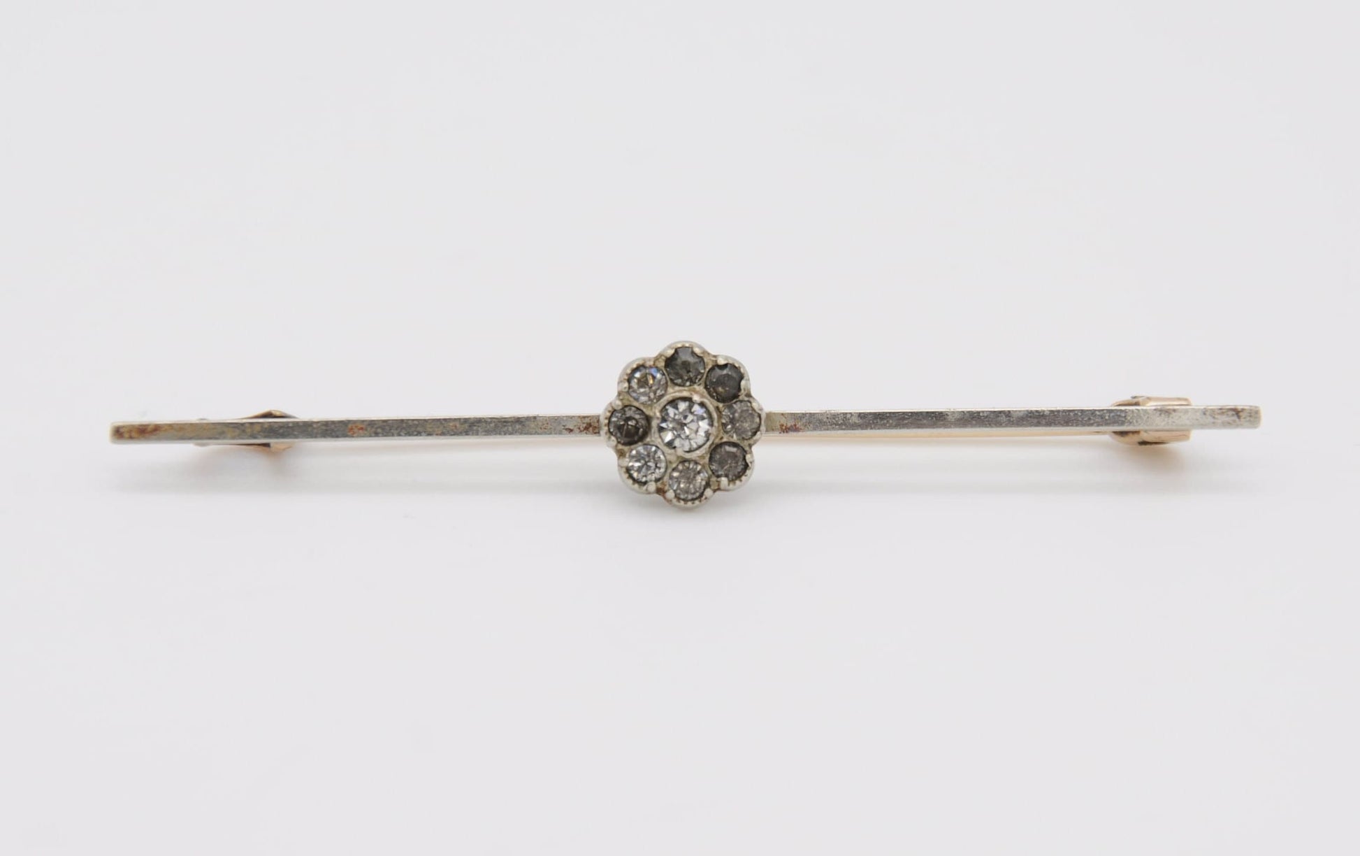 Antique Silver Tone Floral White Paste Bar Brooch - Flower Pin / Cluster / Rose Gold Pin / Rolled Gold / White Stone / Clear Stones