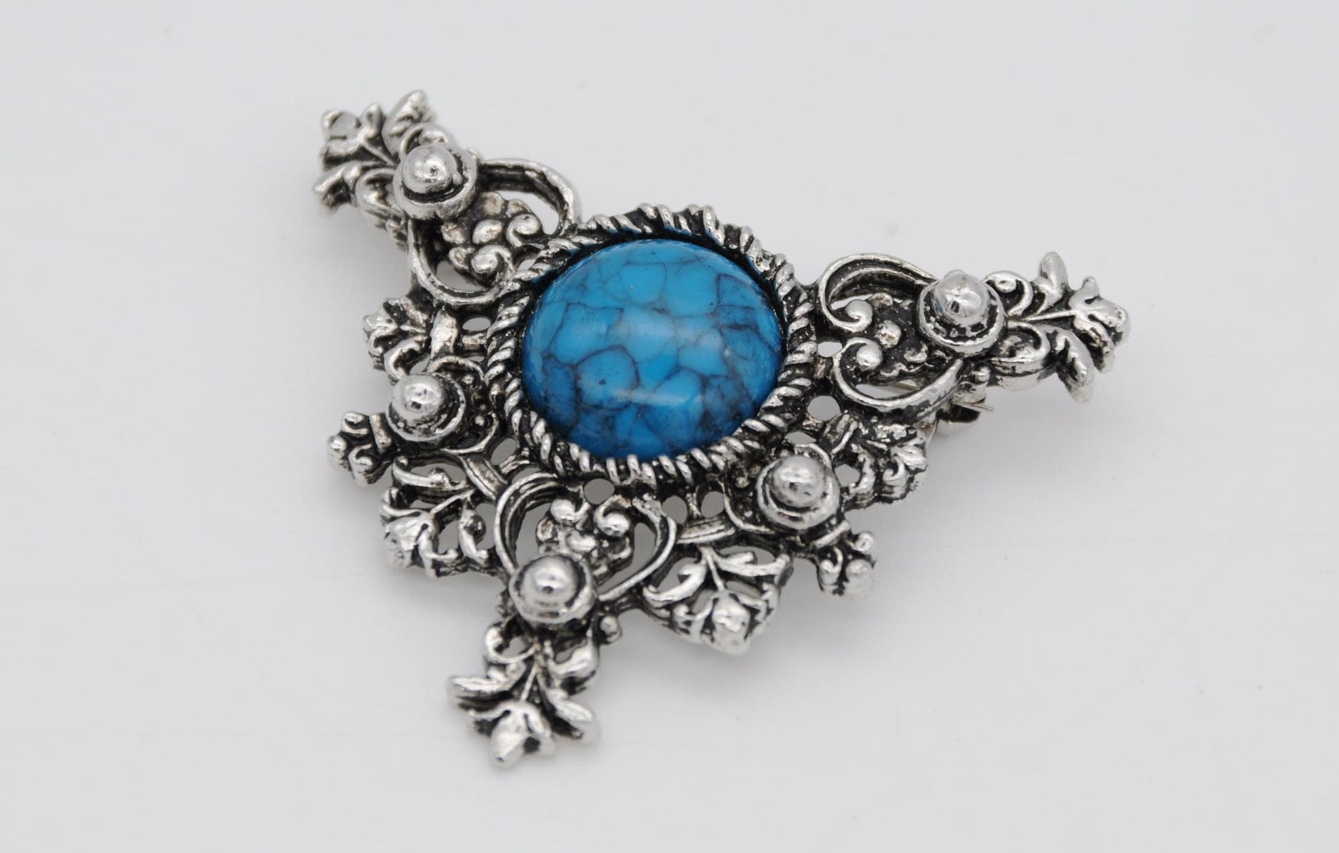 Vintage Sarah Coventry Silver Tone & Faux Turquoise Brooch - UK / Mid-Century / Cabochon / Blue Stone / Branded / Designer