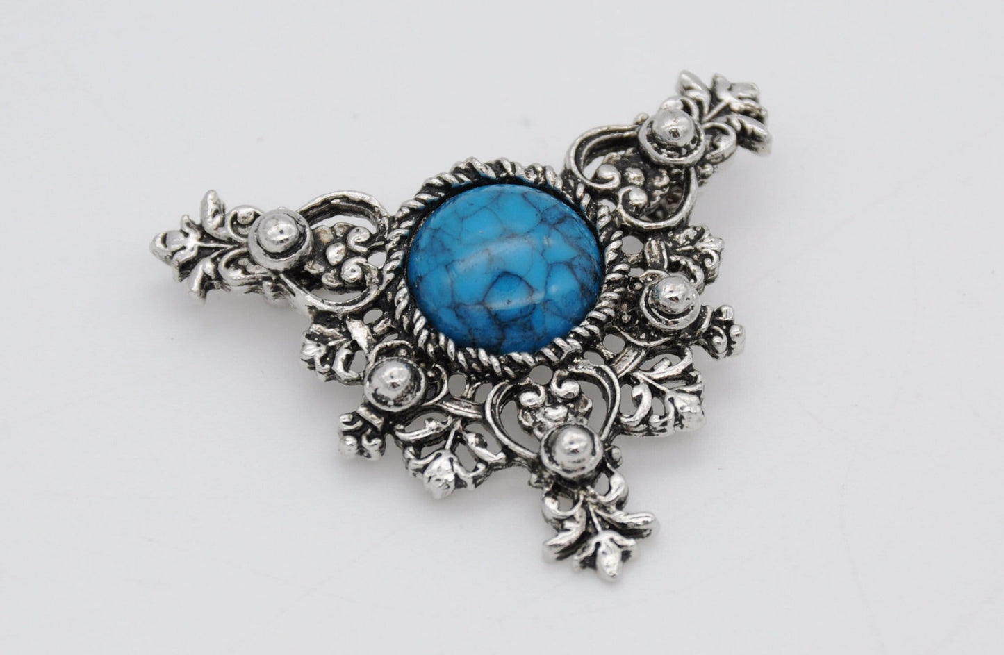 Vintage Sarah Coventry Silver Tone & Faux Turquoise Brooch - UK / Mid-Century / Cabochon / Blue Stone / Branded / Designer