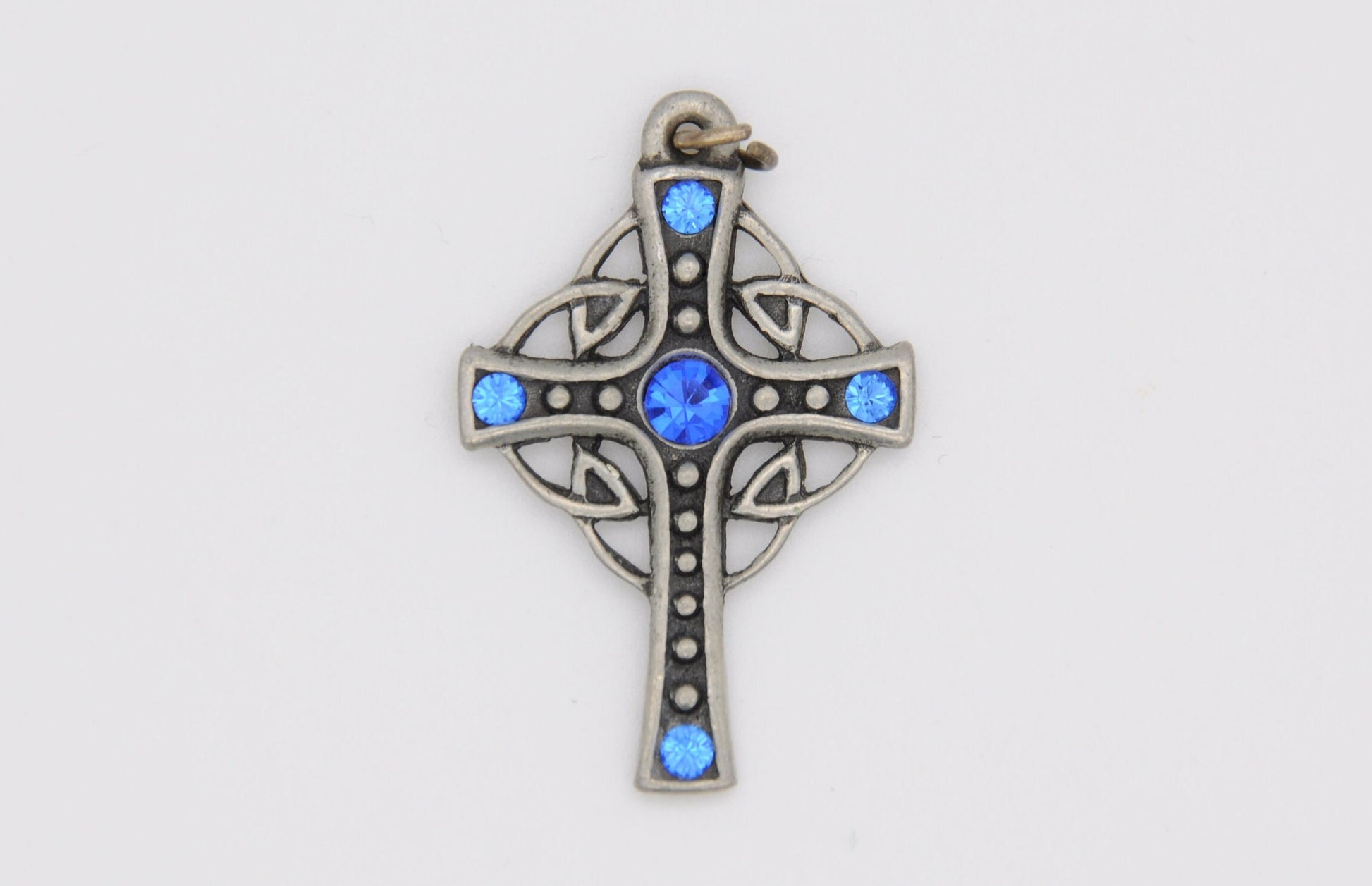 Vintage St Justin Pewter Cross Pendant - Celtic / SJ / Blue Stone / Religious / Cornwall / Necklace