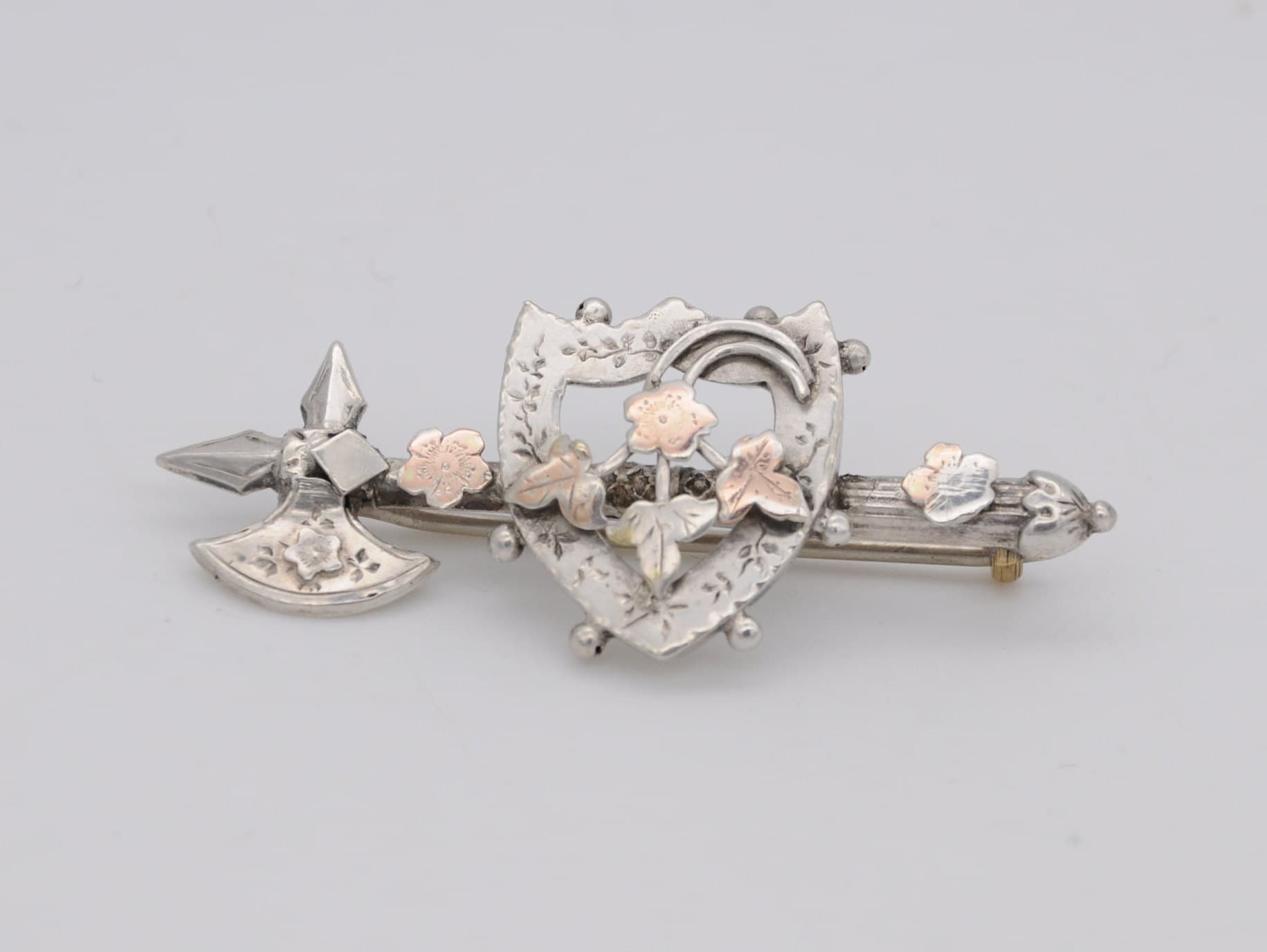 Antique Silver Aesthetic Movement Brooch - Axe & Shield / Victorian / Rose Gold / Ornate Decoration / Floral / 925 / 1891 / 1800s