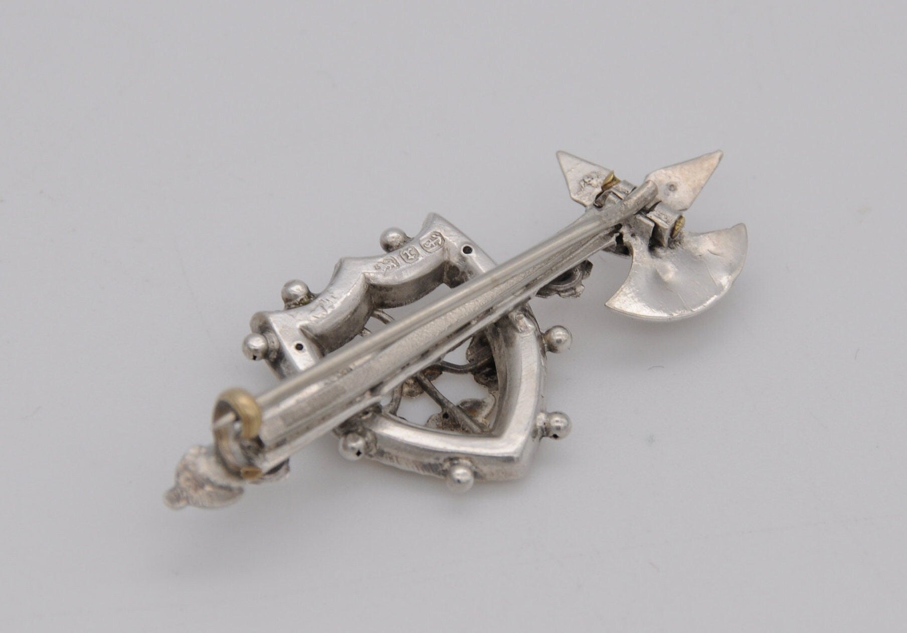 Antique Silver Aesthetic Movement Brooch - Axe & Shield / Victorian / Rose Gold / Ornate Decoration / Floral / 925 / 1891 / 1800s