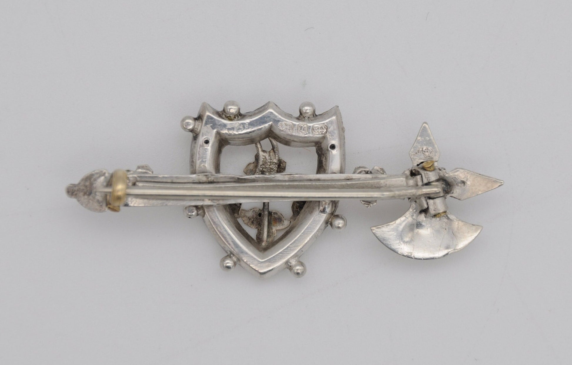 Antique Silver Aesthetic Movement Brooch - Axe & Shield / Victorian / Rose Gold / Ornate Decoration / Floral / 925 / 1891 / 1800s