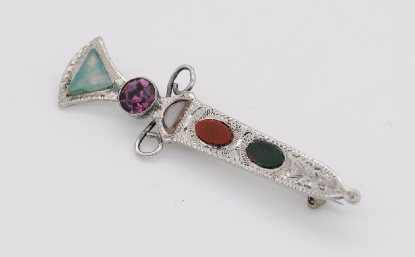 Vintage Silver Scottish Agate Brooch - Sword / WBS / Ward Brothers / Detailed / Carnelian / Bloodstone / 925 / Sterling Silver / 1957 / 50s