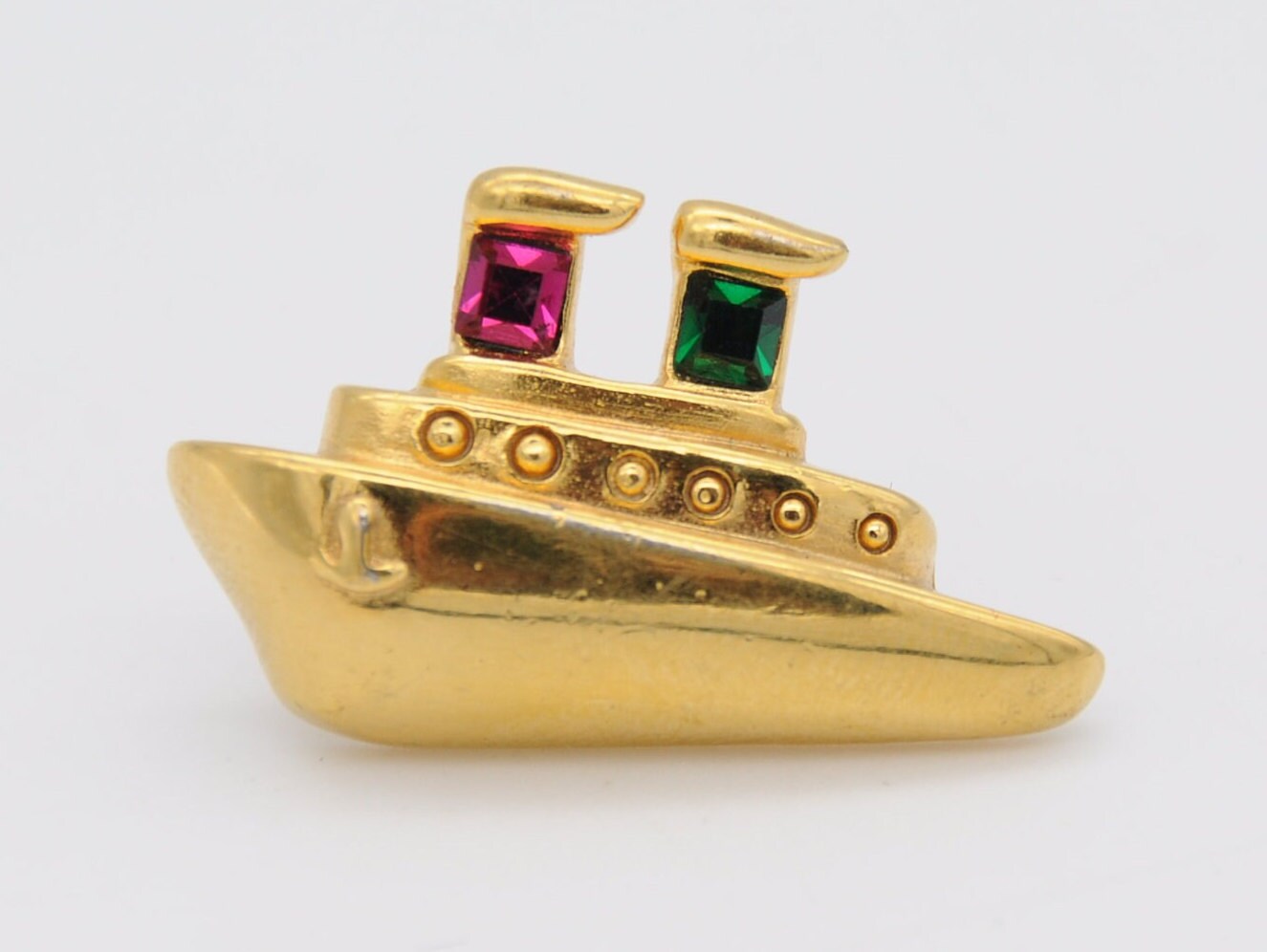 Vintage Monet Gold Tone Ship Pin w/ Red & Green Stones - Mid-Century / Tie Pin / Scarf Pin / Branded Brooch / Cruise / Boat / Ocean Liner