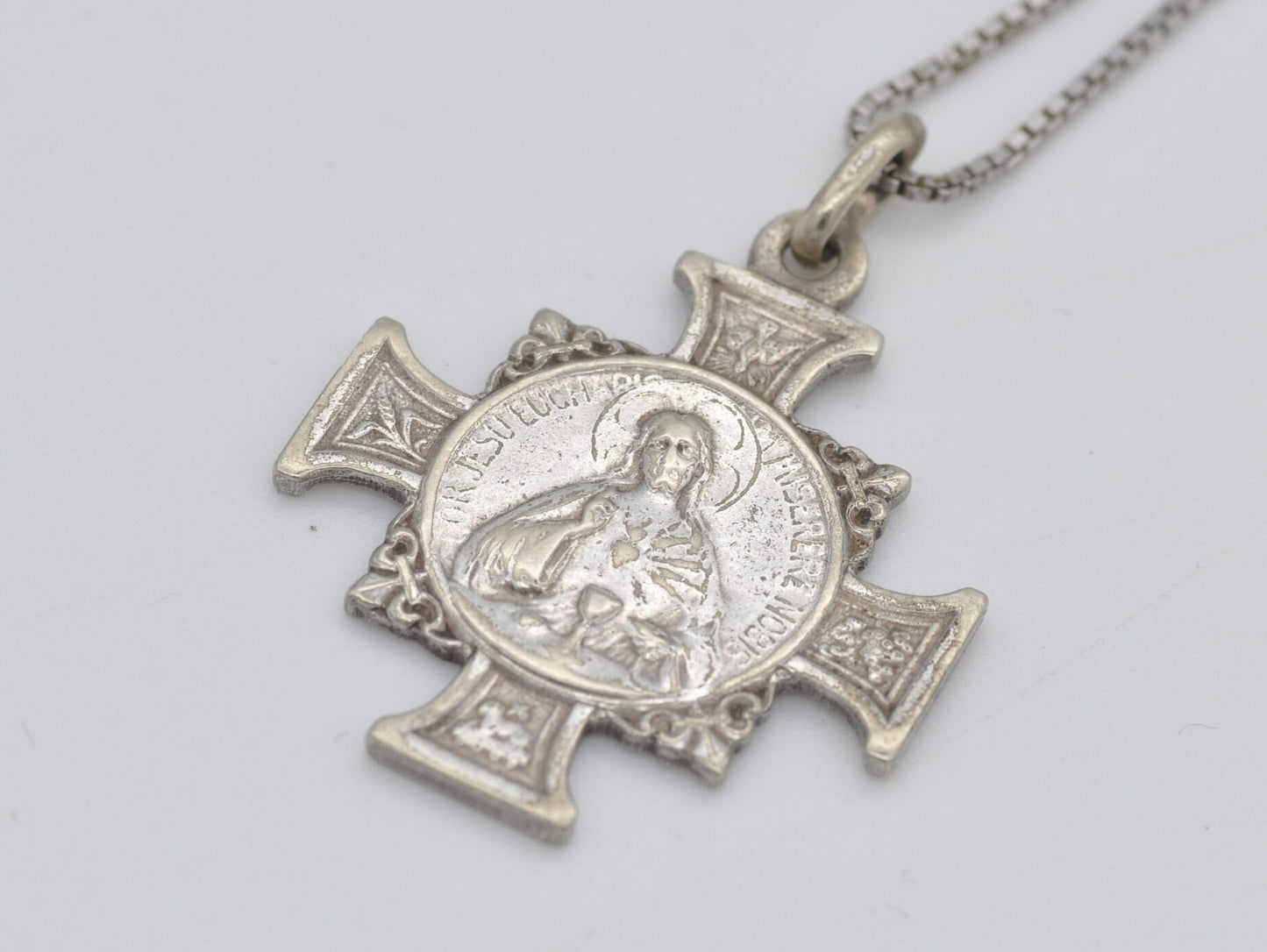 1914 Eucharistic Congress 25th International Lourdes France Silver Pendant - Antique Silver Cross Pendant | Catholic Medal | Jesus and Mary