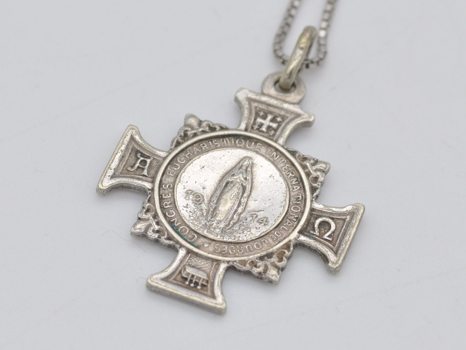 1914 Eucharistic Congress 25th International Lourdes France Silver Pendant - Antique Silver Cross Pendant | Catholic Medal | Jesus and Mary