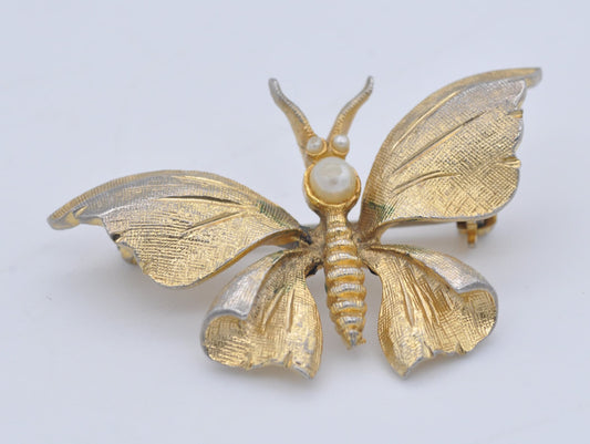 Vintage COROCRAFT Gold Tone Butterfly Brooch - Faux Pearl / Insect / Pin / Mid-Century / Branded Brooch