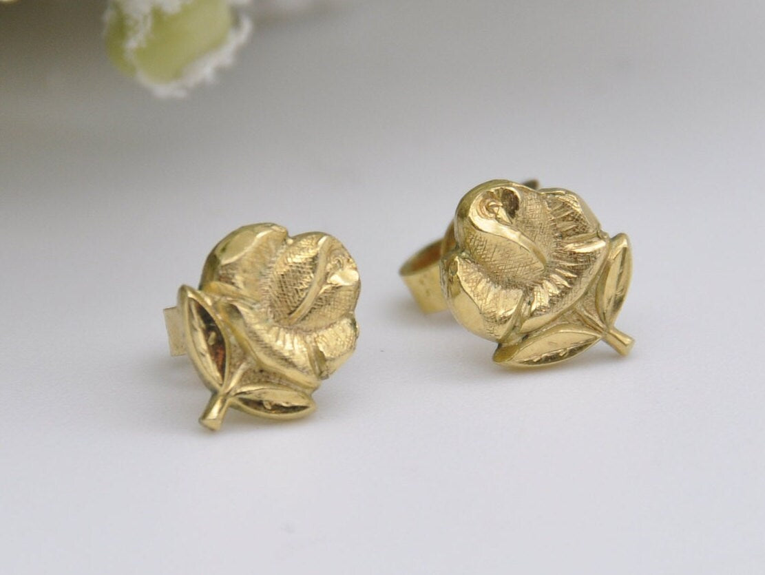 Vintage Rolled Gold Rose Stud Earrings - Flower / Floral / Petal / Detailed / Push Back