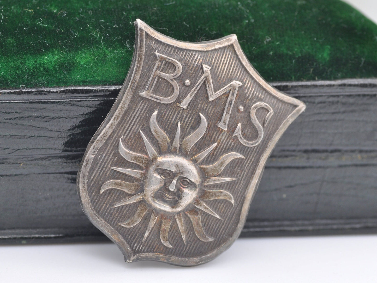 Antique Sterling Silver Shield Cap Badge - 1890s | Victorian | Sun | B.M.S | 1899 | Sun Insurance