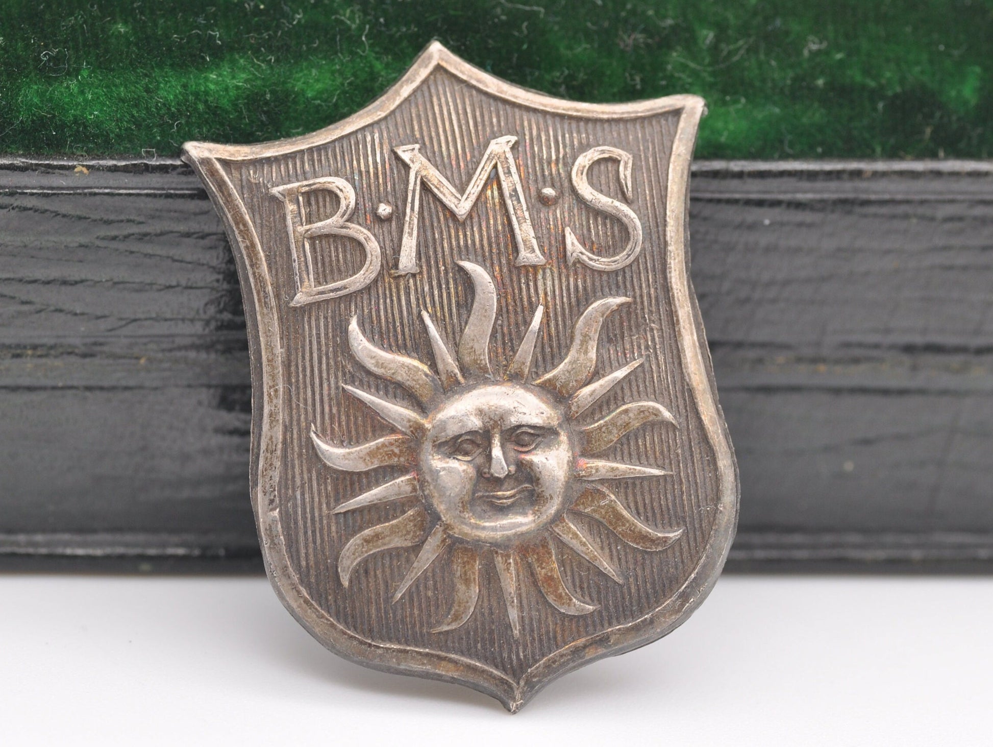 Antique Sterling Silver Shield Cap Badge - 1890s | Victorian | Sun | B.M.S | 1899 | Sun Insurance