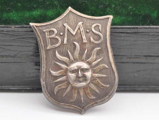 Antique Sterling Silver Shield Cap Badge - 1890s | Victorian | Sun | B.M.S | 1899 | Sun Insurance
