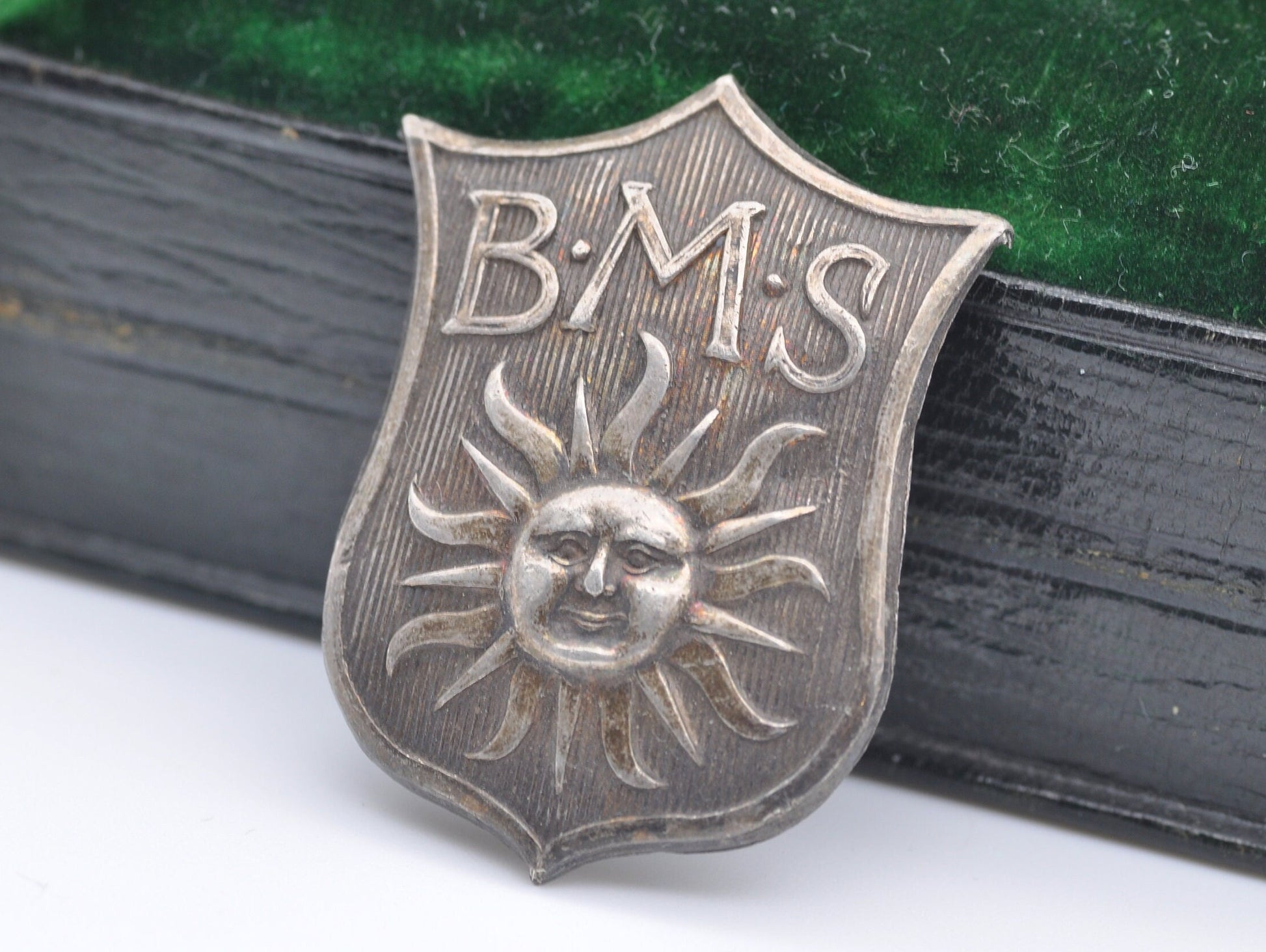 Antique Sterling Silver Shield Cap Badge - 1890s | Victorian | Sun | B.M.S | 1899 | Sun Insurance