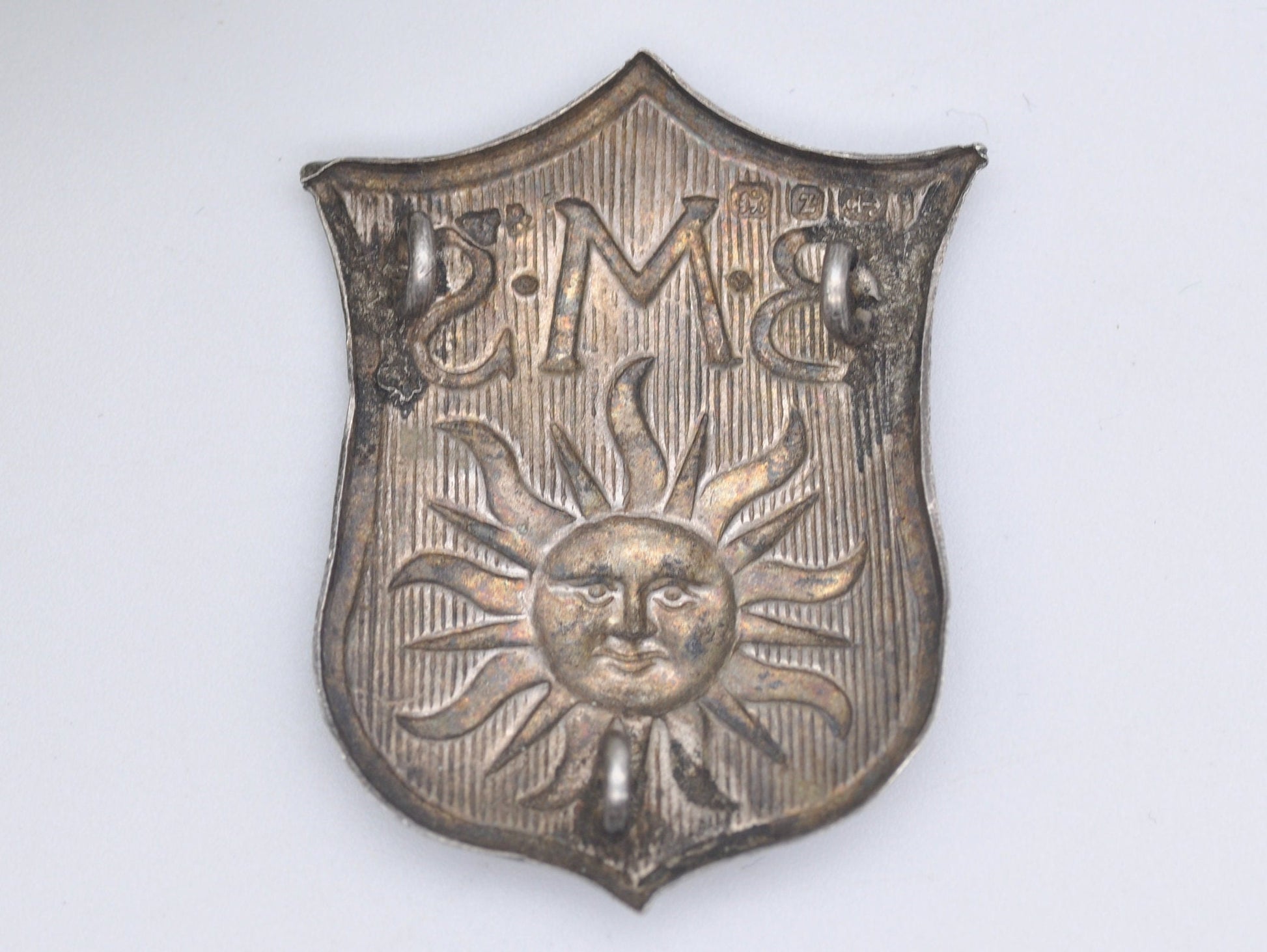 Antique Sterling Silver Shield Cap Badge - 1890s | Victorian | Sun | B.M.S | 1899 | Sun Insurance