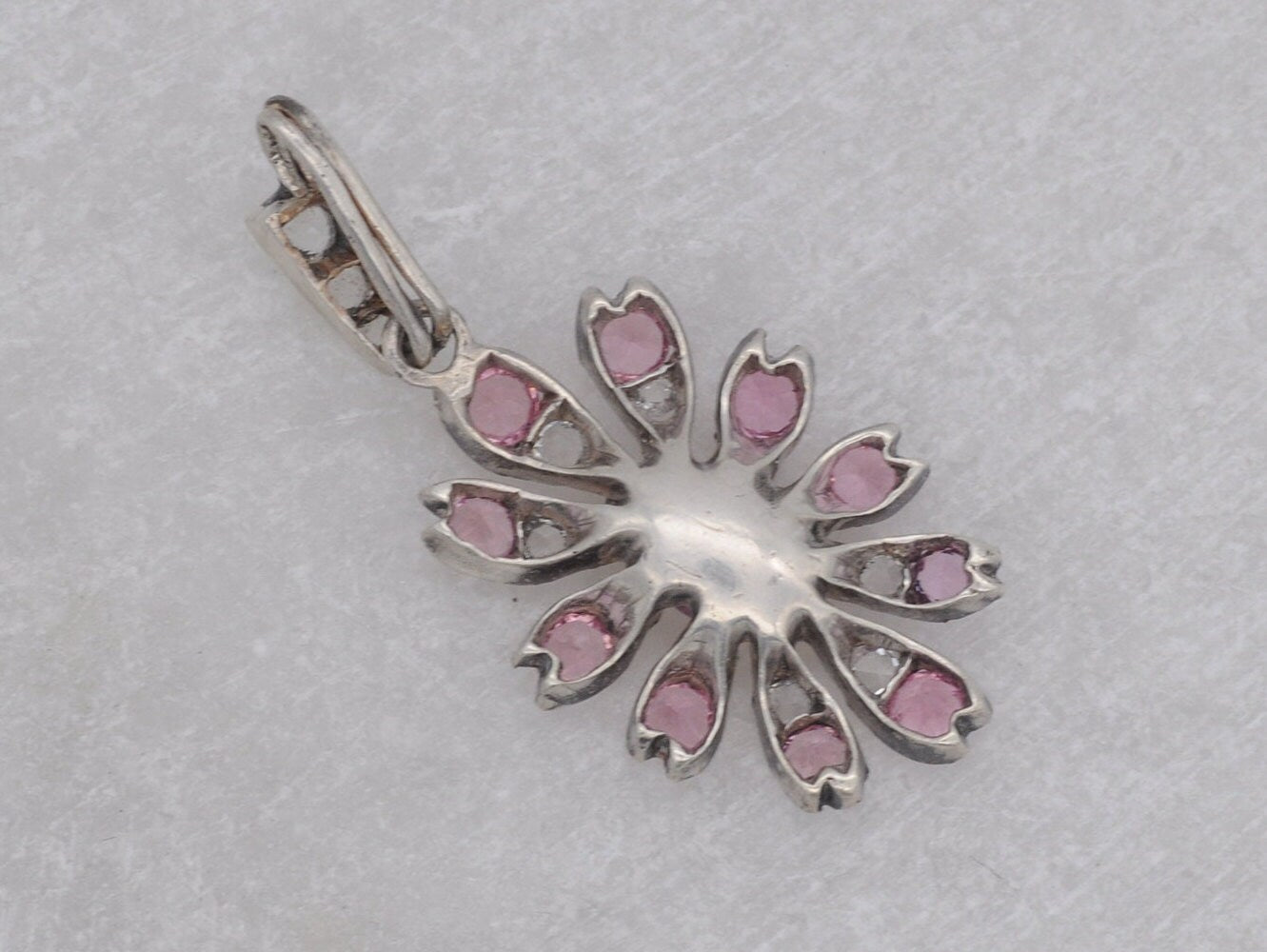 Antique Silver Edwardian Pink and White Stone Pendant - Pink Paste / Floral Shape / Flower / Ornate Necklace / Stone Set Bal / Patina