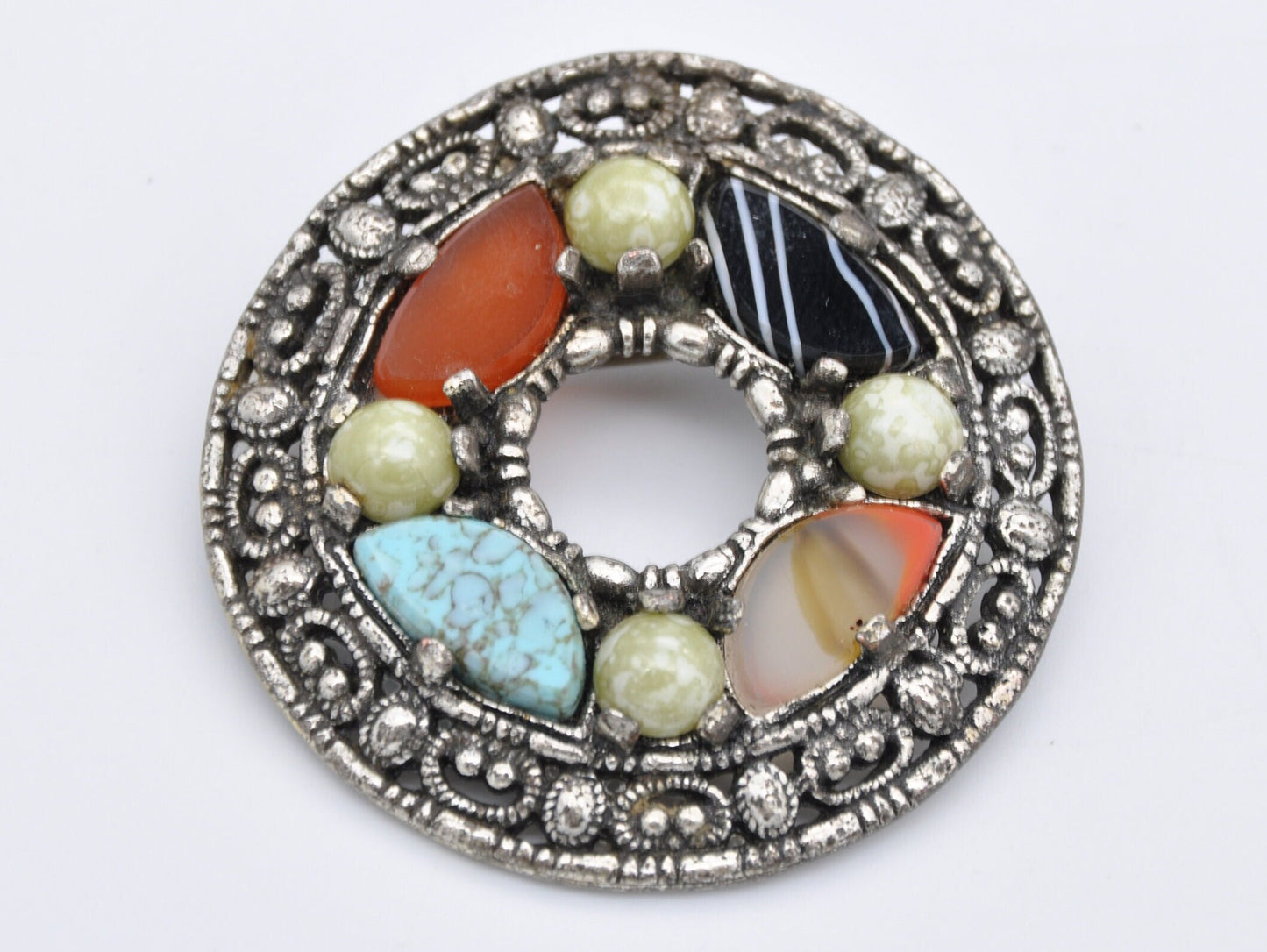 Vintage Miracle Silver Tone Faux Agate Brooch / Pendant - Celtic / Scottish / Circle / Glass Stone / Branded / Costume Jewellery