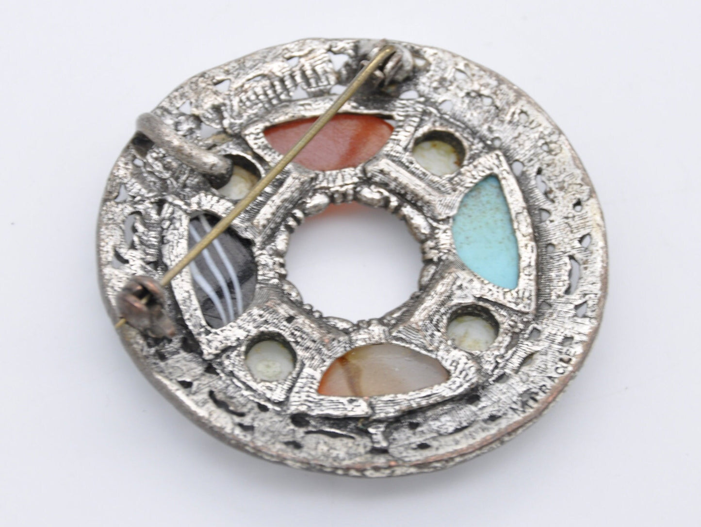 Vintage Miracle Silver Tone Faux Agate Brooch / Pendant - Celtic / Scottish / Circle / Glass Stone / Branded / Costume Jewellery