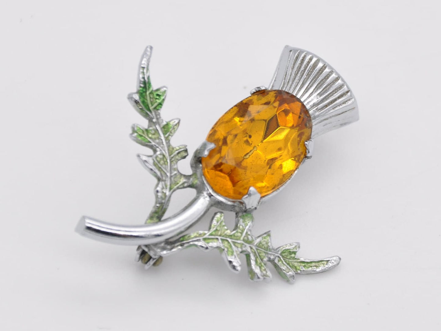 Vintage Silver Tone and Orange Stone Scottish Thistle Brooch - Celtic / Green Enamel / Glass Stone / Costume Jewellery