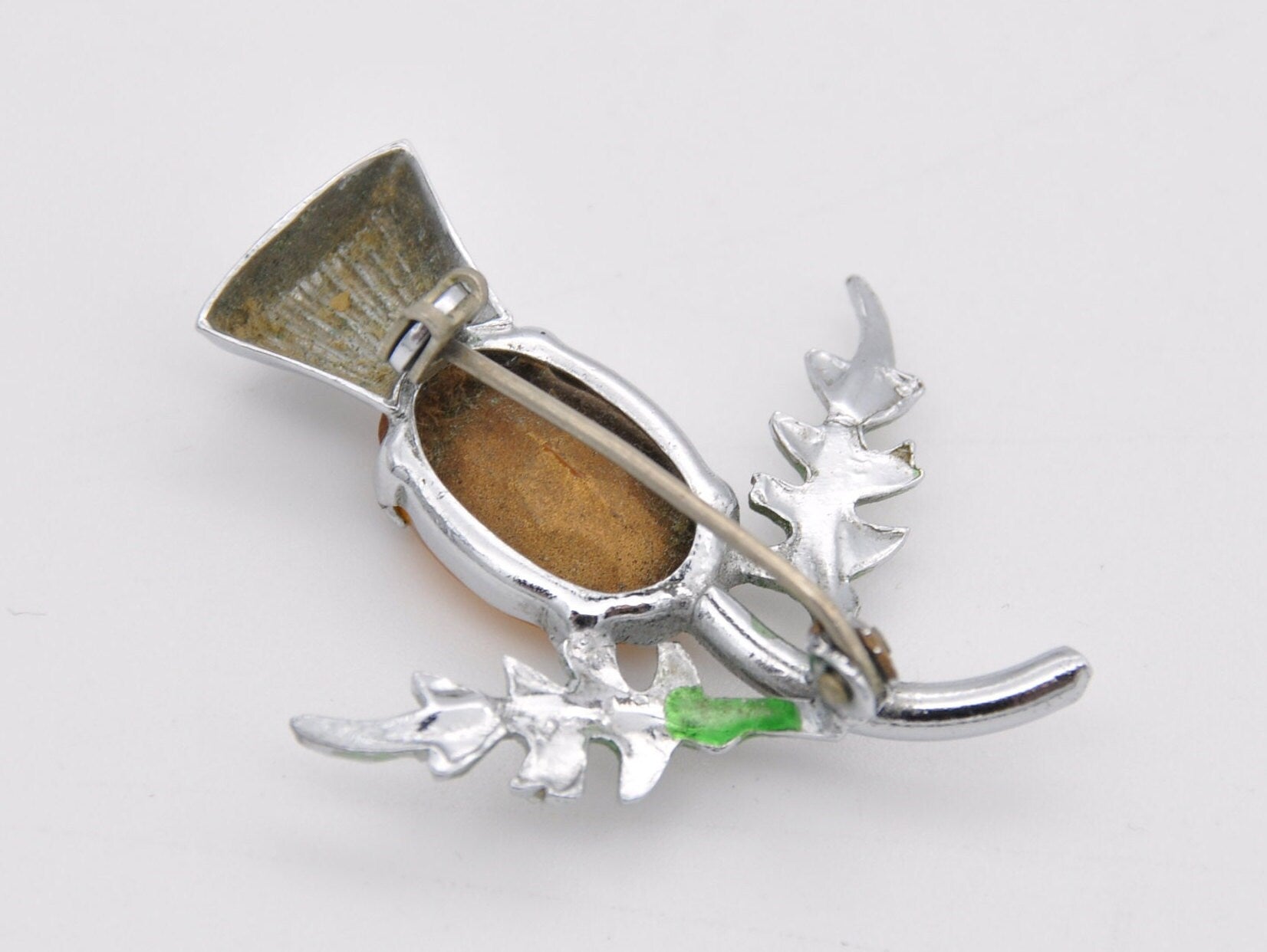 Vintage Silver Tone and Orange Stone Scottish Thistle Brooch - Celtic / Green Enamel / Glass Stone / Costume Jewellery