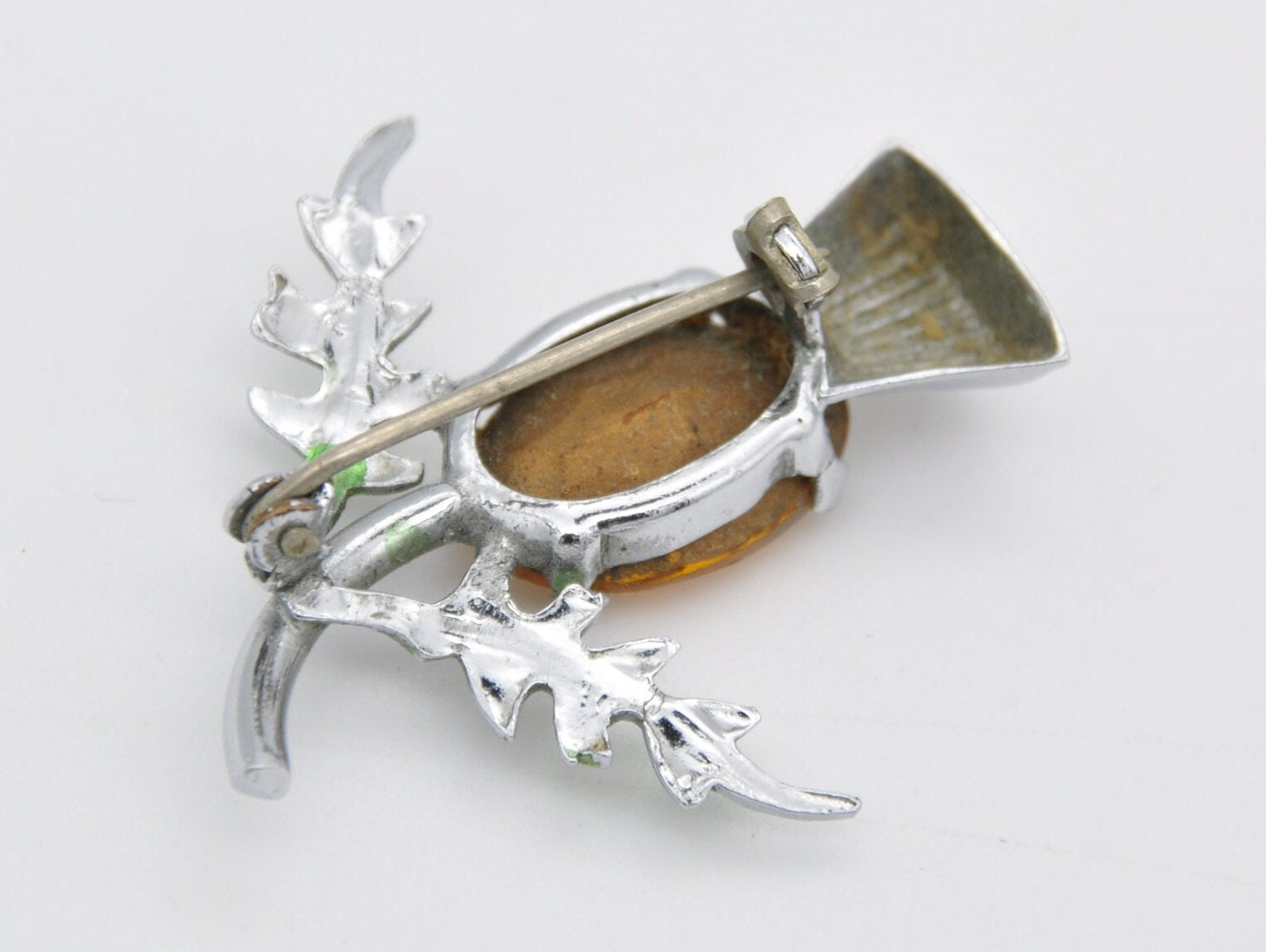 Vintage Silver Tone and Orange Stone Scottish Thistle Brooch - Celtic / Green Enamel / Glass Stone / Costume Jewellery