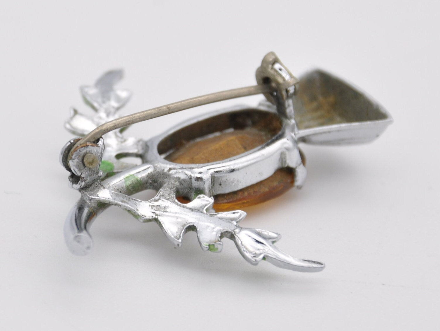 Vintage Silver Tone and Orange Stone Scottish Thistle Brooch - Celtic / Green Enamel / Glass Stone / Costume Jewellery