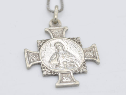 1914 Eucharistic Congress 25th International Lourdes France Silver Pendant - Antique Silver Cross Pendant | Catholic Medal | Jesus and Mary