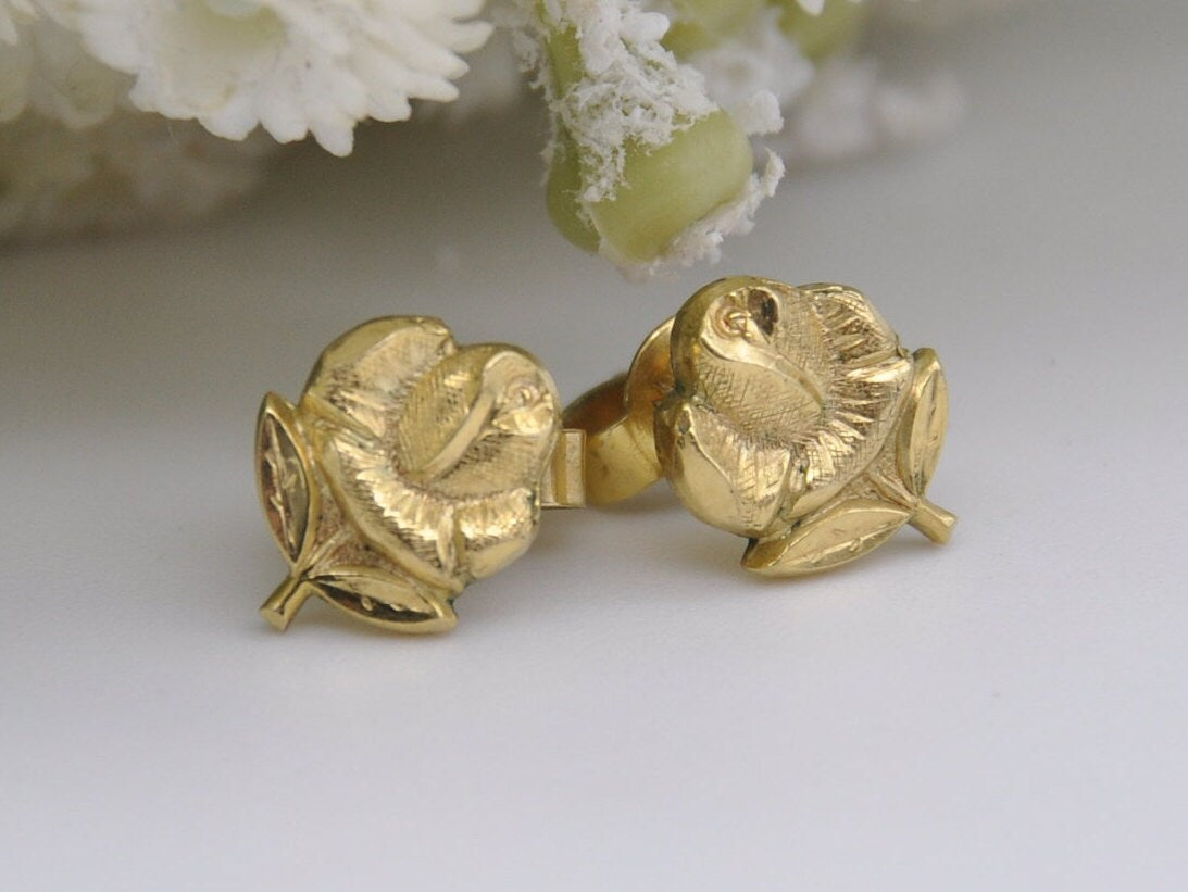 Vintage Rolled Gold Rose Stud Earrings - Flower / Floral / Petal / Detailed / Push Back