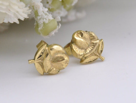 Vintage Rolled Gold Rose Stud Earrings - Flower / Floral / Petal / Detailed / Push Back