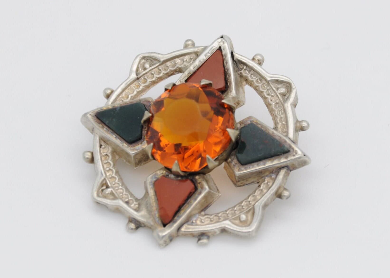 Antique Silver Scottish Agate Brooch - Jasper & Bloodstone / Paste Stone / Red and Green Stones / Detailed / Celtic / Star