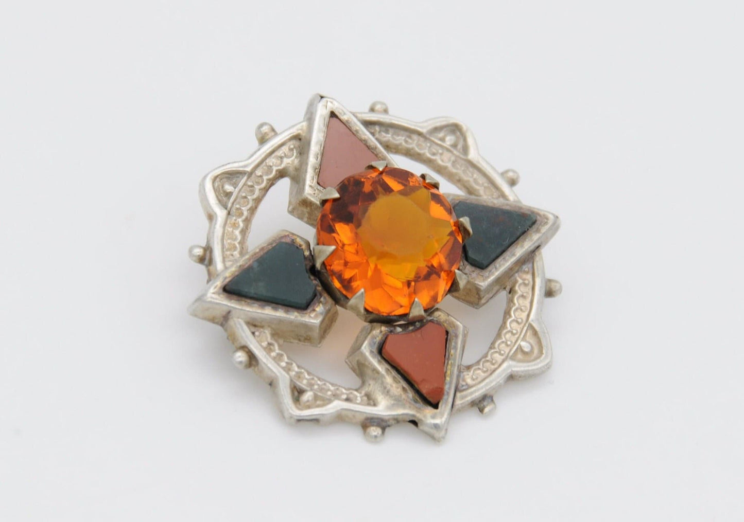 Antique Silver Scottish Agate Brooch - Jasper & Bloodstone / Paste Stone / Red and Green Stones / Detailed / Celtic / Star