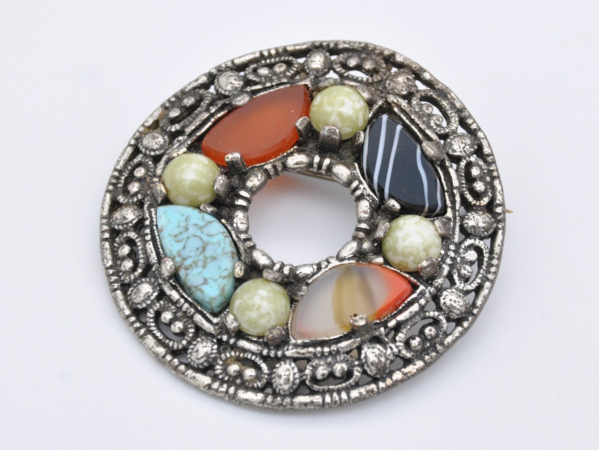 Vintage Miracle Silver Tone Faux Agate Brooch / Pendant - Celtic / Scottish / Circle / Glass Stone / Branded / Costume Jewellery