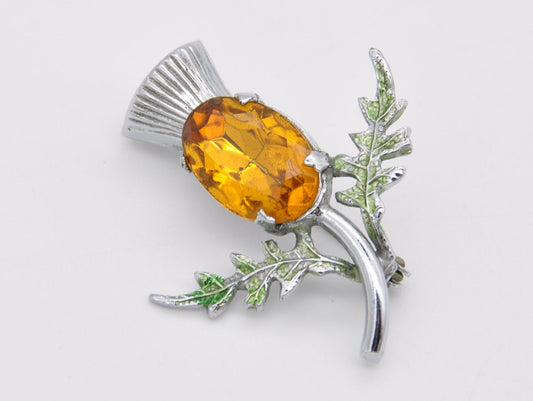 Vintage Silver Tone and Orange Stone Scottish Thistle Brooch - Celtic / Green Enamel / Glass Stone / Costume Jewellery