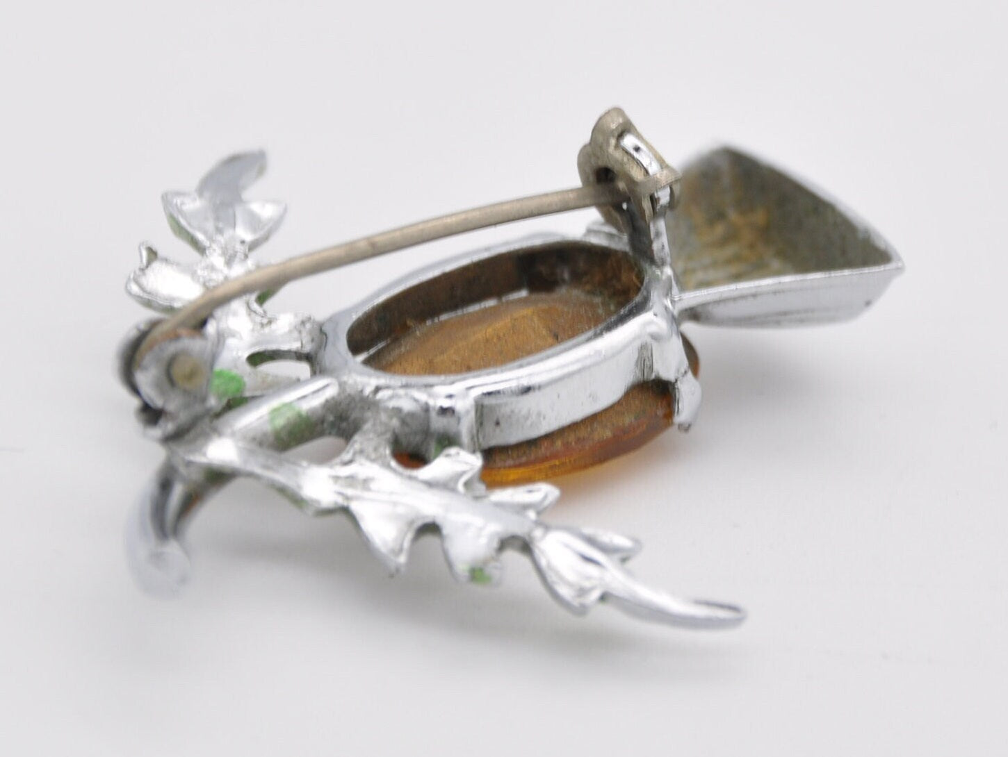 Vintage Silver Tone and Orange Stone Scottish Thistle Brooch - Celtic / Green Enamel / Glass Stone / Costume Jewellery